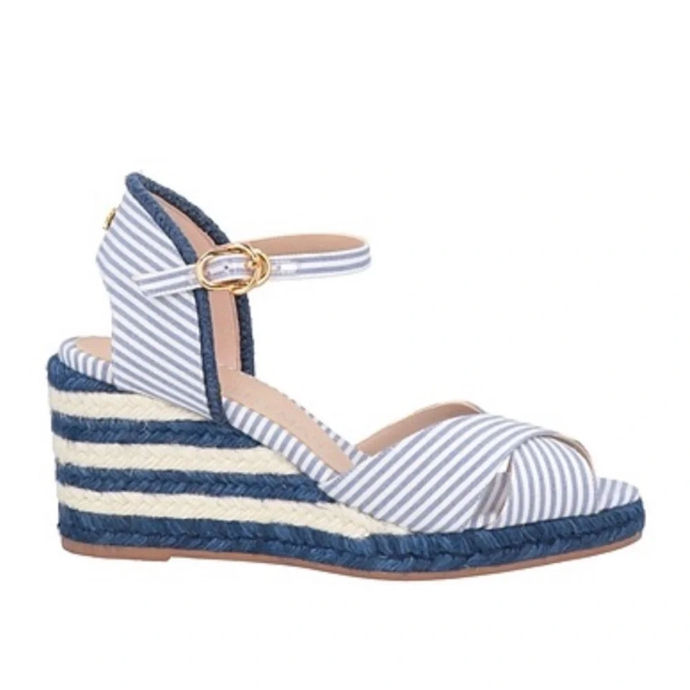 Stuart Weitzman Navy and White Striped Espadrille Wedges
